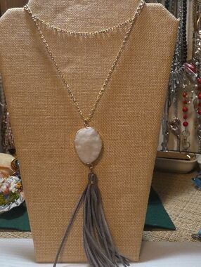 Gold Chain Necklace with Druzy Stone and Gray Tassel